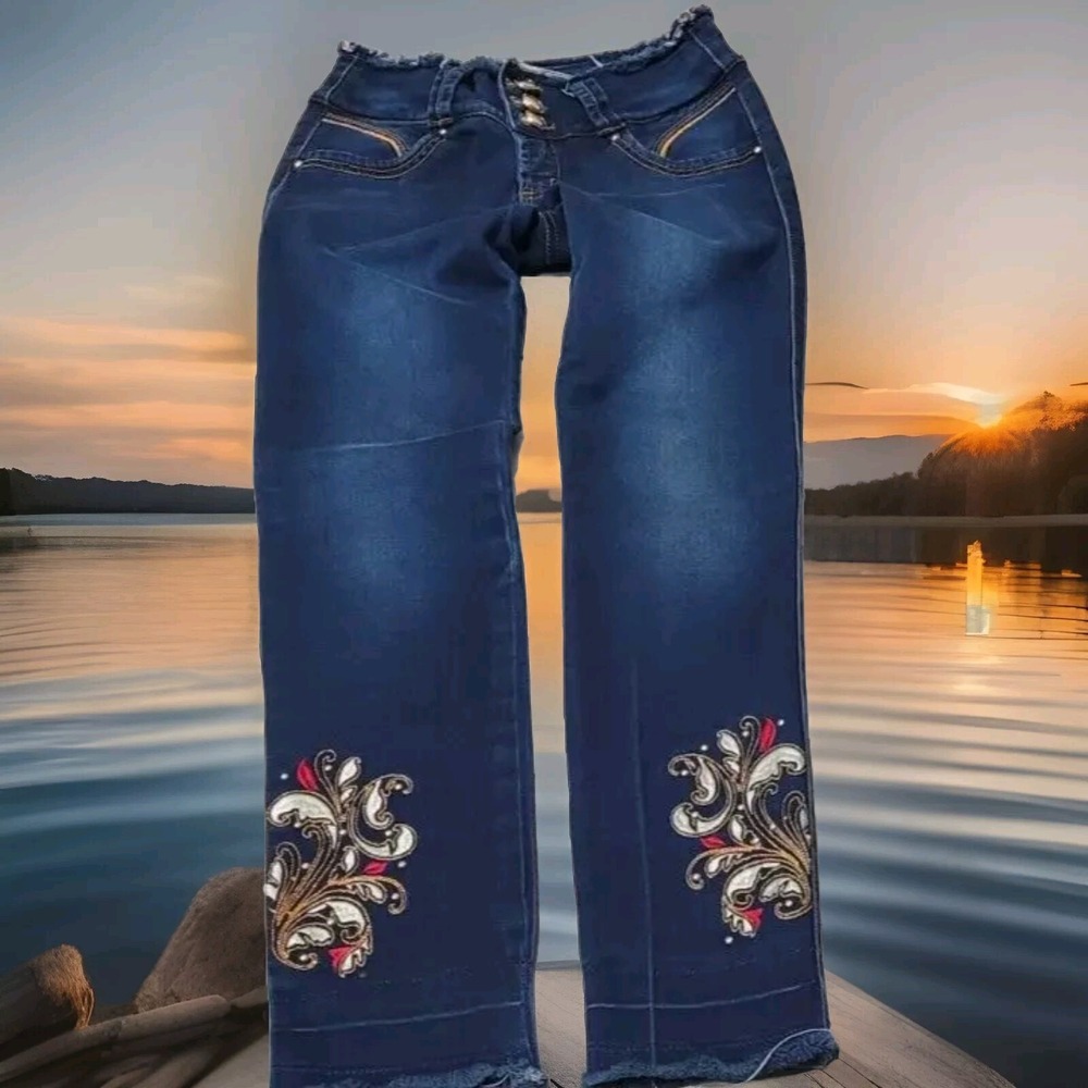 WOW Jeans Women's 8 Low Rise Skinny Jeans Embroidered Distressed Stretch